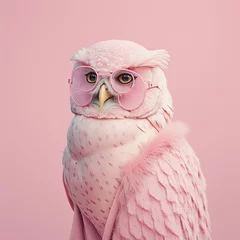 Foto auf Acrylglas Eulen-Cartoons Fashion owl in cardigan. Pink pastel color. Generative AI