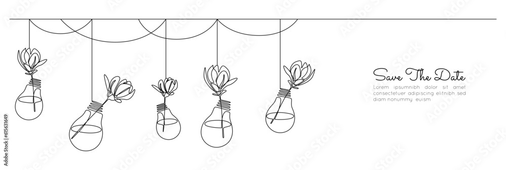Poster one continuous line drawing of wedding flower decor. romantic elegance concept with floral compositi