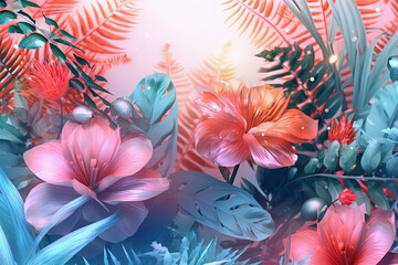 Fototapeta na wymiar Abstract floral summer card with colorful tropical flowers and plants, pastel background