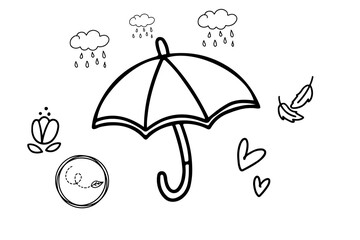 Simple umbrella outline cartoon drawing with rain drops above. Umbrella in the rain outline drawing.