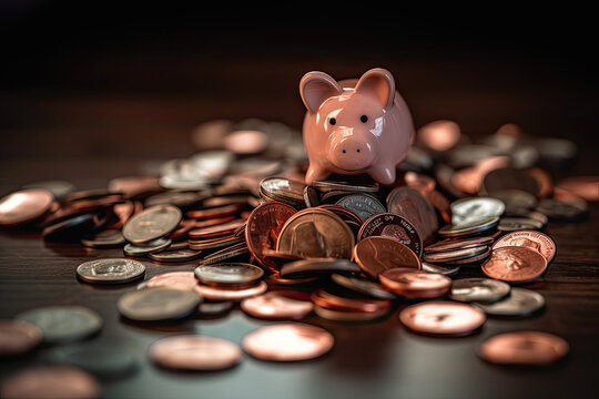 a piggy sitting on top of a pile of coins, with other coins scattered around it and the coin is in focus