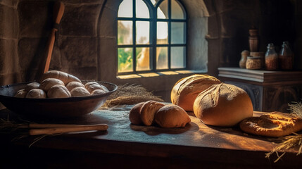 Fototapeta na wymiar Illustration of bread items on the ledge in a stone castle,. Generative AI. 
