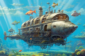 Illustration of a strange Captain Nemo style submarine. Generative AI. 