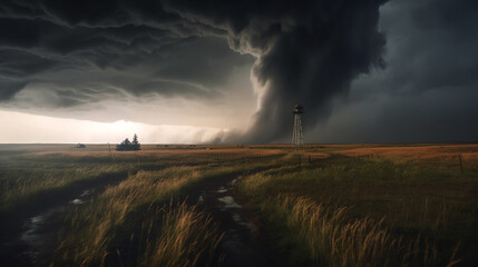 Fototapeta na wymiar Illustration of a tornado over the open prairies. Generative AI. 