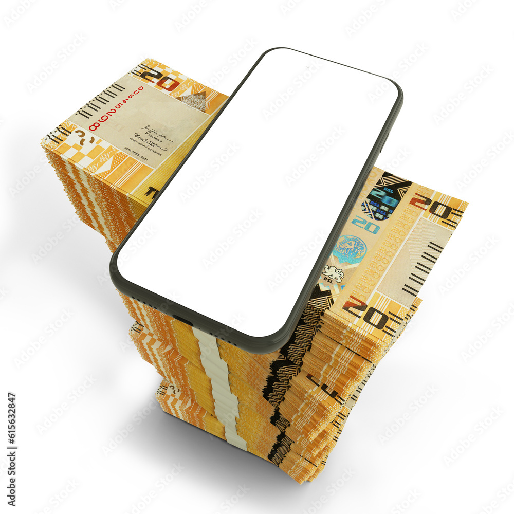 Poster 3d rendering of mobile phone with blank screen on top of stacks of sierra leonean leone notes arrang