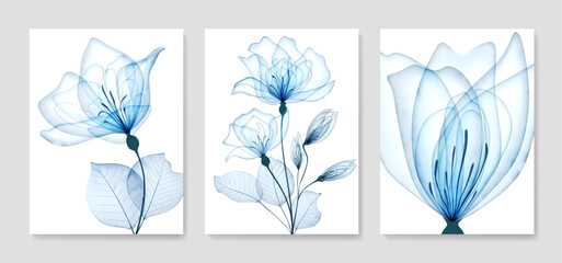 Luxurious abstract set with blue transparent flowers roses in a watercolor style. Hand drawn botanical floral set for poster design, print, decor, interior design, wallpaper.