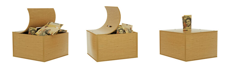 Sierra Leonean Leone notes inside an open wooden savings box. set of savings concept. Generic Piggy Bank, Penny Bank, Money Box. 3d rendering
