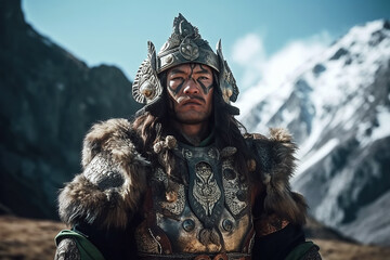 portrait of medieval Asian male Kazakh warrior in traditional armor in the mountains of Asia. Generative AI illustration