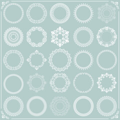 Vintage set of round elements. Different elements for design frames, cards, menus, backgrounds and monograms. Classic light blue and white patterns. Set of vintage patterns