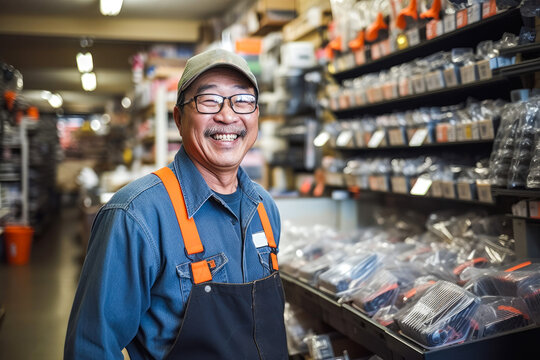Asian smiling and happy hardware store worker