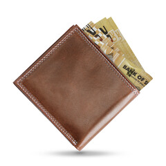 3D rendering of Sierra Leonean Leone notes in a brown leather men’s wallet. Sierra Leonean Leones in wallet