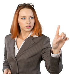 Business woman pointing on virtual screen