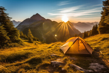 Morning in mountains with tent, with sun rising. Rise and shine. Generative AI