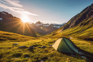 Morning in mountains with tent, with sun rising. Rise and shine. Generative AI
