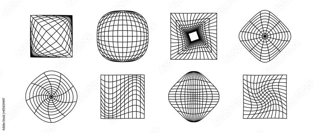 Poster Cubes and spheres wireframe collection. Geometric surface grid of different shape. Distorted perspective planes and object set. Vector geometric element bundle for posters, flyers, collages, templates