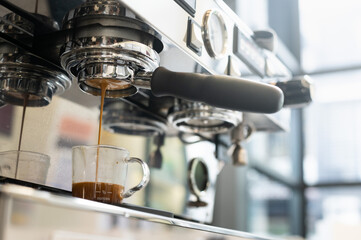 Espresso machine in coffee shop, close-up shot.