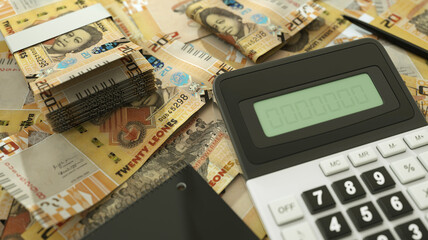 Sierra Leonean Leone notes spread out with a calculator, pen and notebook. 3d rendering
