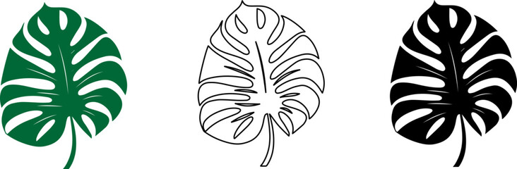 Monstera tropical leaf. Exotic palm leaves.Botanical plant . Jungle plant.Simple black monstera leaf icons.Design element. - obrazy, fototapety, plakaty