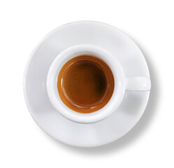 Freshly brewed strong brown espresso hot in a white cup coffee on white background with clipping path. top view