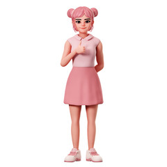 Cute female character with double buns showing Thumbs ups pose using left hand, 3D Character Render Illustration