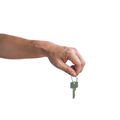 Hand holding a key, dangling. Side view, isolated. Transparent background.