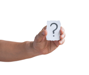 Man holding a piece of paper with a question mark. Help or query concept. Isolated, transparent background.