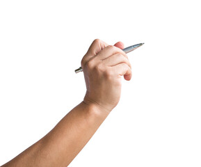 Hand holding a pen about to write on a board gesture. Isolated, transparent background.