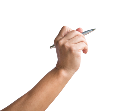 Hand holding a pen about to write on a board gesture. Isolated, transparent background.