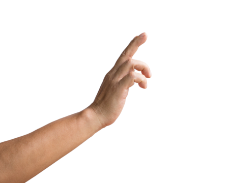 Pointing finger in touch screen gesture, side view. Isolated, transparent background.