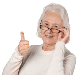 Portrait of smiling old woman wearing glasses, isolated