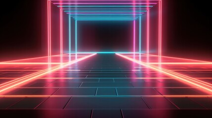 Abstract neon background with glowing lines, empty space with floor reflections, 3D illustration.