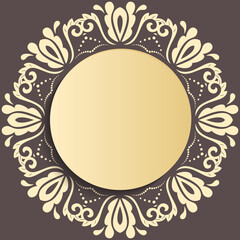 Round frame with floral elements and arabesques. Pattern with golden arabesques. Golden greeting card