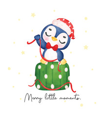 cute christmas penguin cartoon Wrapping Christmas Gift Box in Festive Watercolor, Delightful Watercolor Cartoon illustration. Perfect for Cards, Invitations, and Decorations.