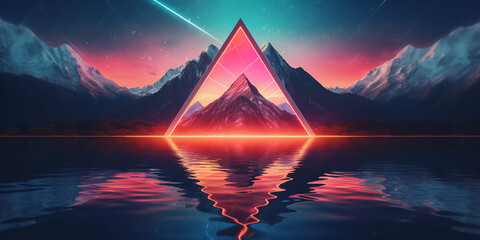 Fototapeta na wymiar Abstract neon background with geometric triangle shape, Beautiful frame and extraterrestrial landscape under the night sky and Rocks. Futuristic minimalist wallpaper. Created with Generative AI.