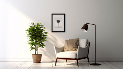 Silver frame mockup on white wall, modern living room interior with sofa and green plants,