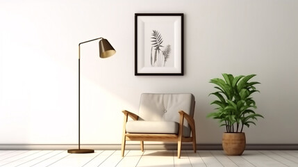 Silver frame mockup on white wall, modern living room interior with sofa and green plants,