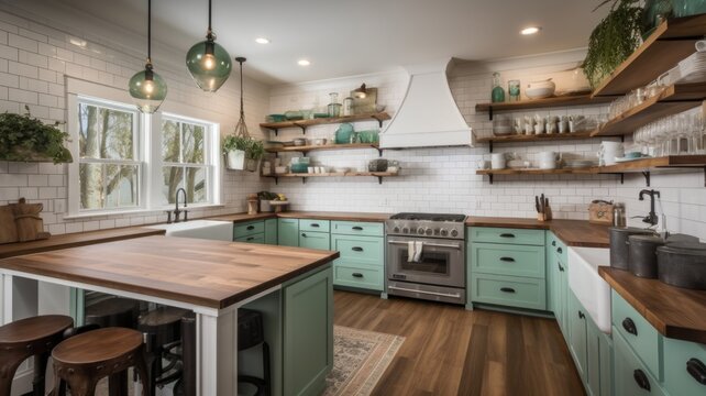 Premium AI Image  Ecofriendly kitchen with bamboo countertops and natural  stone backsplash created with generative ai