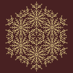 Round snowflake. Abstract winter golden ornament. Golden round snowflake