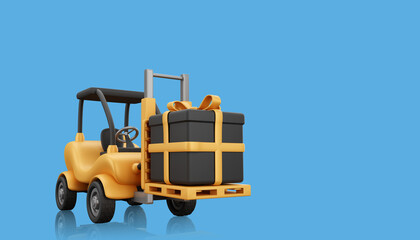 Concept of forklift delivering, overing or showing a special gift to the consumer. 3D render of sale concept with reflection and copy space area