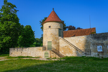 Fototapeta na wymiar Last remaining guard tower of the fortified wall of the abbey of Saint Jean des Vignes in the town of Soissons in the French department of Aisne in Picardy, France