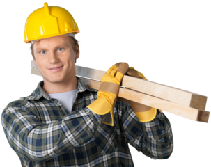 construction man carrying lumber portrait