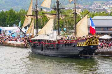 Rouen, France - June 17, 2023 : Stern of the "Etoile du Roy" ("King's Star"), a French three-masted frigate replica moored on the quays of the Seine in Rouen in Normandy for the Armada