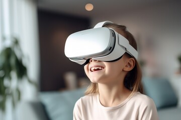Little girl having fun time using VR glasses at home for learning Homeschooling concept. Modern technology is used by the family. Selective focus.