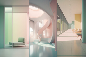 Colorful empty modern architecture interiors (liminal spaces) bundle of 3 vertical images