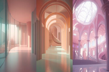 Colorful empty modern architecture interiors (liminal spaces) bundle of 3 vertical images