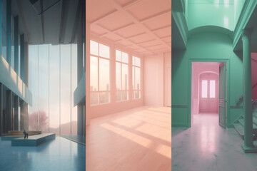Colorful empty modern architecture interiors (liminal spaces) bundle of 3 vertical images