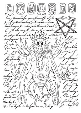 Vector Page with magic spells, demon and drawings from witch book on white background. No foreign language, all symbols are fantasy.