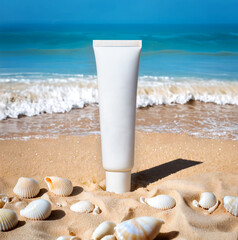 Fototapeta na wymiar white cream tube with copy space. beach background daylight concept. cosmetic package for advertising. AI image generates. realistic sunscreen branding. treatment protection lotion. beauty background.