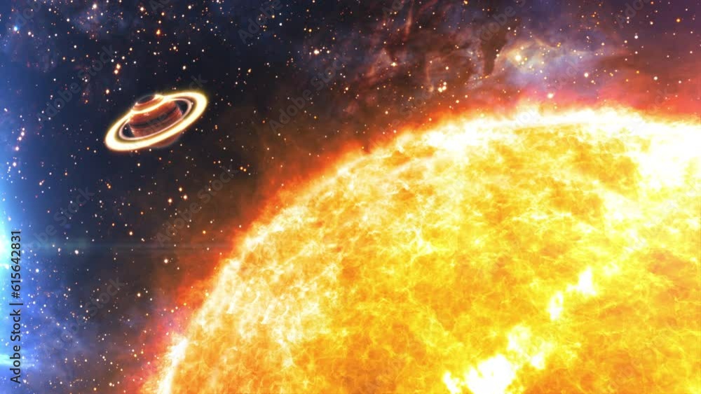 Poster abstract sun and saturn animation with galaxy space universe background. space flight into outer spa