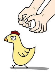 hand and chicken cartoon on white background